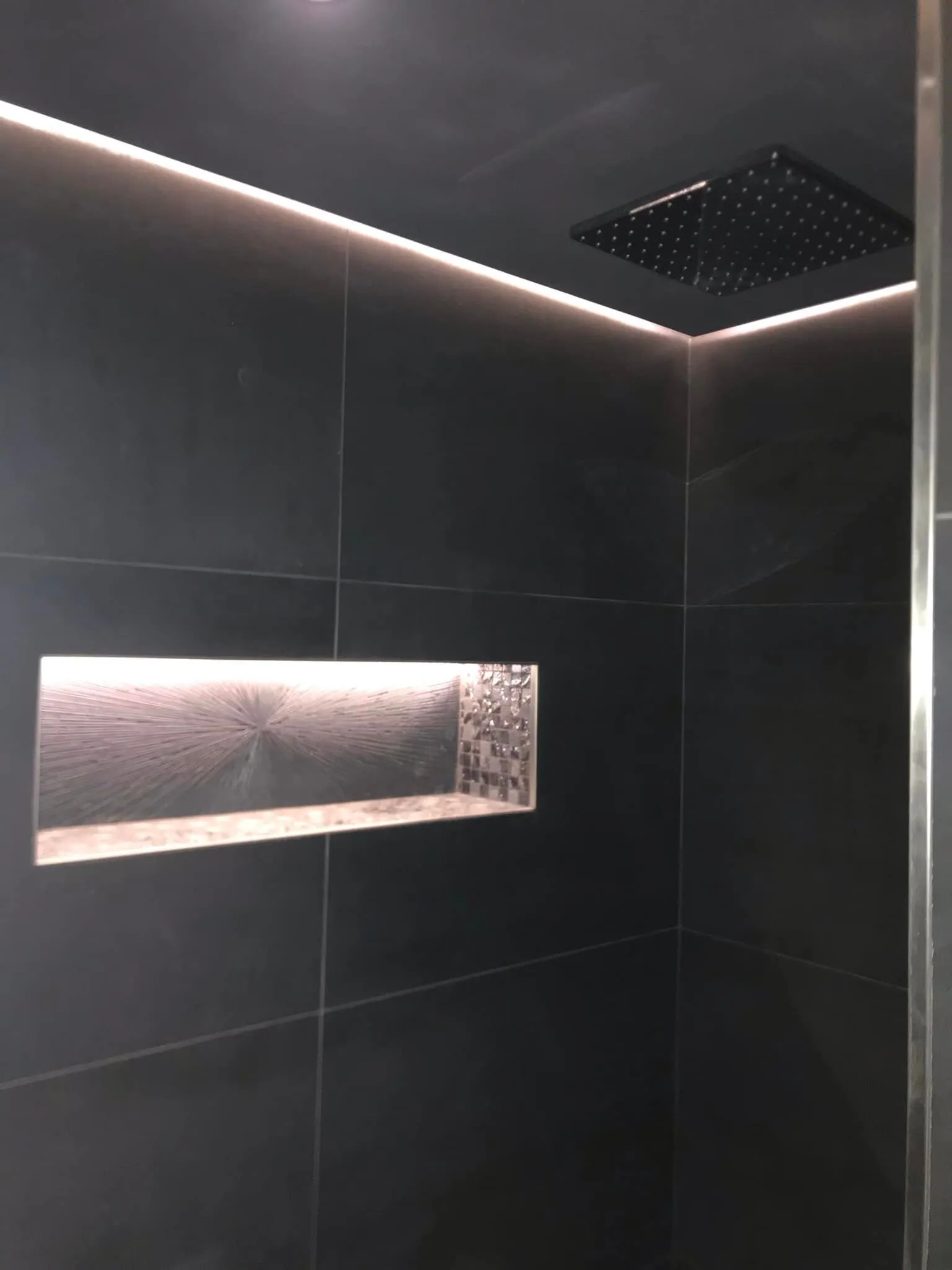 Douche au carrelage sombre grand format avec niche murale rétroéclairée