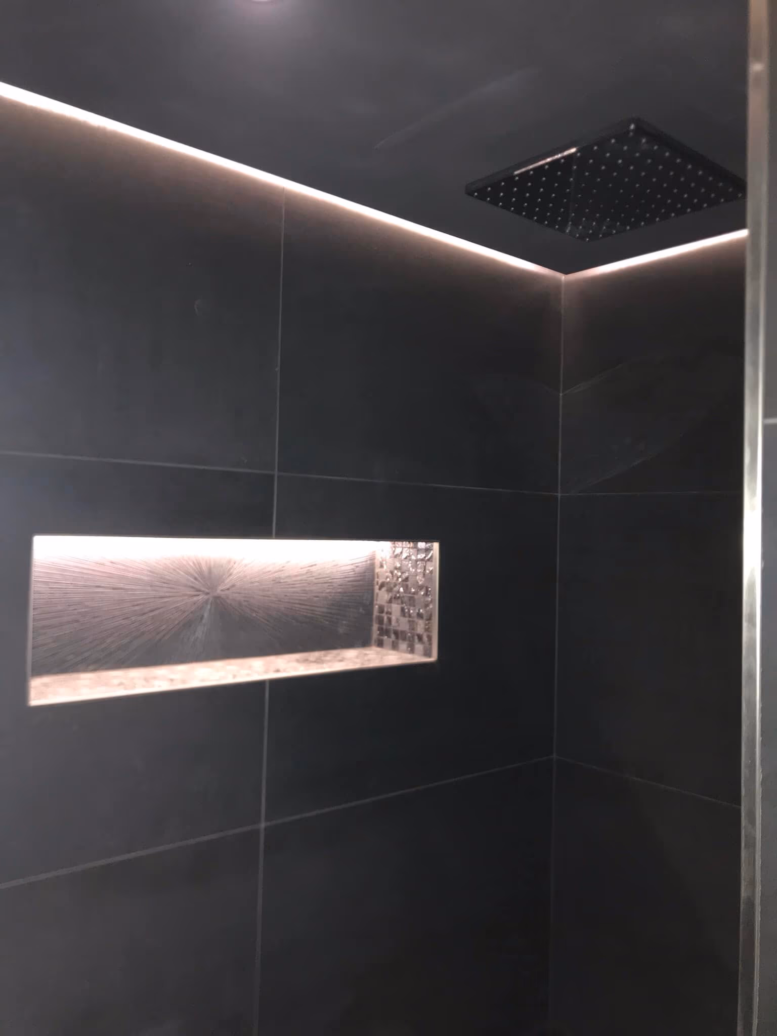 Douche au carrelage sombre grand format avec niche murale rétroéclairée