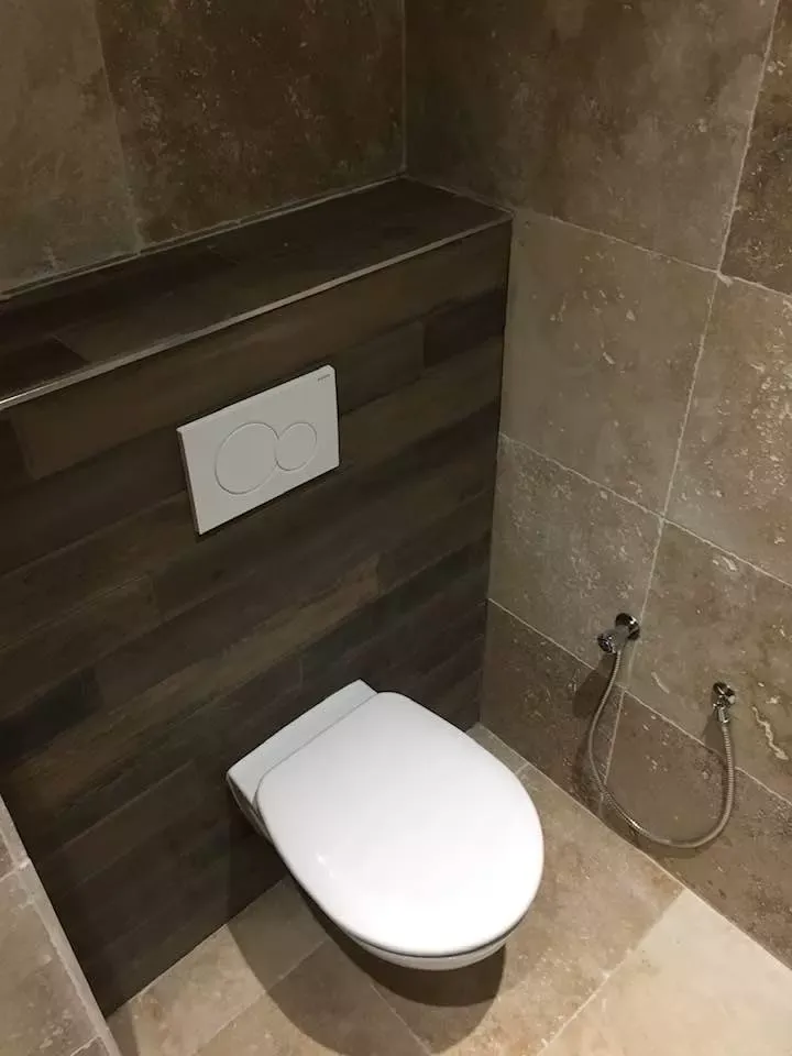 WC suspendu devant un mur en carrelage effet bois