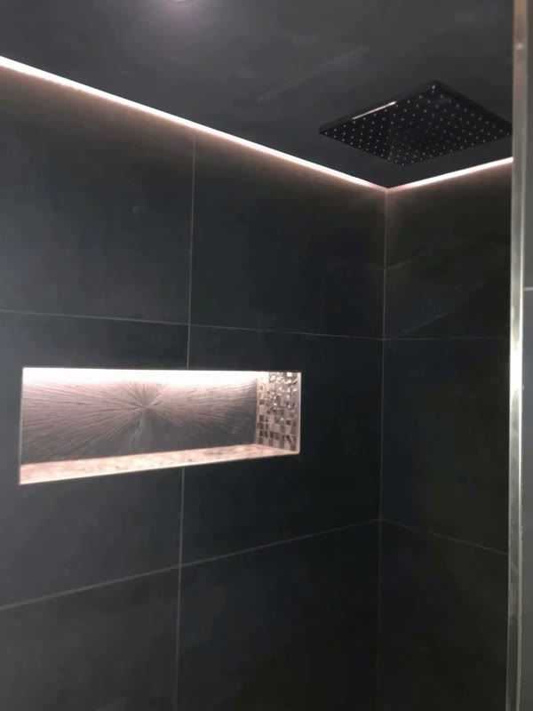 Résultat réel : Baignoire remplacée par une douche sombre à niche éclairée